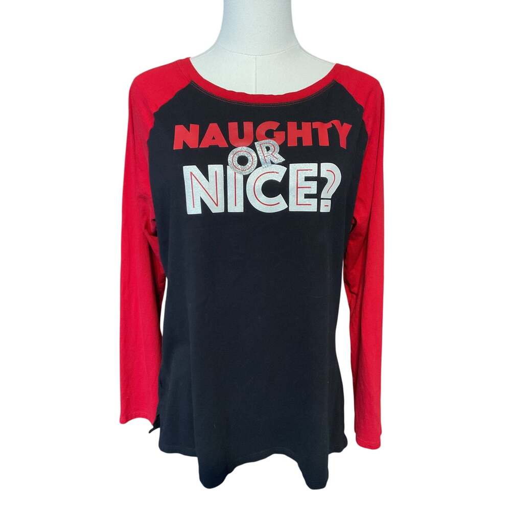 Women's Black/Red Raglan T shirt. Christmas Themed. Size Large